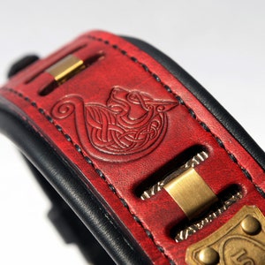 FENRIR, Red leather dog collar, Personalized dog collar with wolves, Custom engraved ID tag, Groenendael, German shepherd, Husky, Beauceron