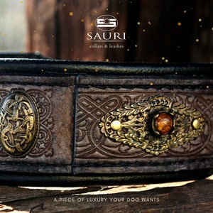 Rustikales Leder Hundehalsband mit Namen, SARDI, Midgard Messing, Wolfshundhalsband, Geschenk für Haustierbesitzer, Riesenschnauzer Halsband, DDB Halsband