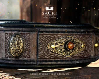 Rustic leather dog collar with name, SARDI, Midgard brass, Wolfhound collar, Unique Gift for Pet Owner, Giant Schnauzer collar, DDB collar