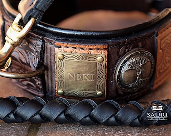 Personalized dog collar with padding, Extra wide leather dog collar, Celtic knot, Yggdrasil, Tree of Life, Antique name plates, Bully, DDB
