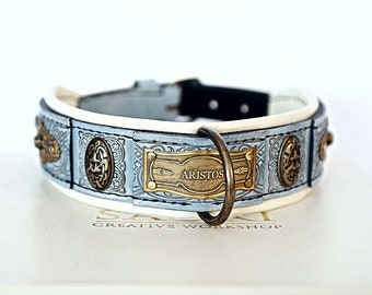 Collare per cani in pelle blu, design Valkyrie Shield Maiden, targhetta in ottone