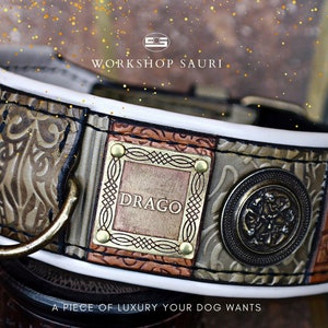 Olive green leather dog collar with name, Celtic hounds, Personalized, Large dog collar, Wide dog collar, Mastiff, Irish Wolfhound, Malinois