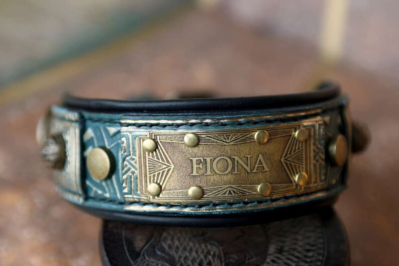 Art Deco Leather Dog Collar With Nameplate ROARK Small to Etsy