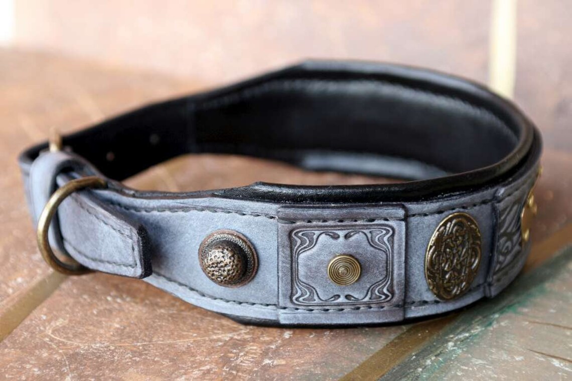 Grey leather dog collar TEUTONIC Dog collar with nameplate Etsy