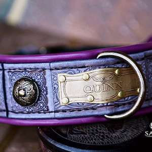 Lilac Leather Dog Collar with name, ATHENA, Designer Purple Dog Collar, Brass Filigree, Owl engraving, Personalized large dog collar, Cozy