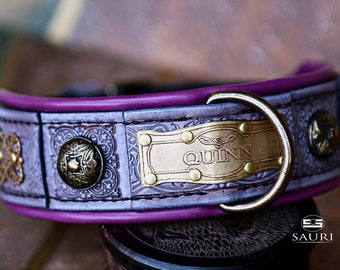 Collar de perro de cuero lila con nombre, ATHENA, collar de perro púrpura de diseñador, filigrana de latón, grabado de búho, collar de perro grande personalizado, acogedor