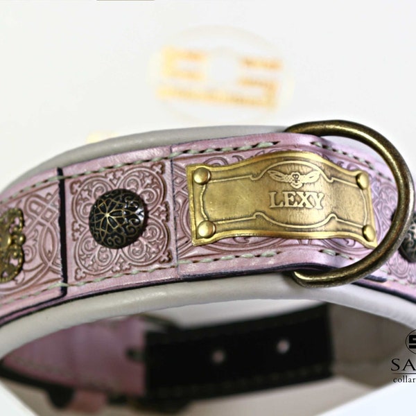 Pink Leather Dog Collar with name, ATHENA, Baby pink & Beige, Brass flower, Personalized dog collar, Shepherd, Bully, Lab, Norwegian elkhoun