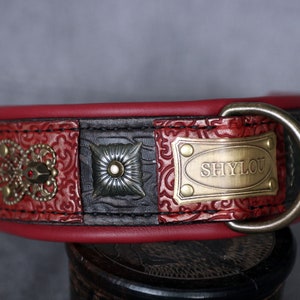 Red & brown luxury handmade leather dog collar with name, CAROLINGIAN, Floral embossing and rhinestones, Bulldog, Kelpie, Terrier, Doberman