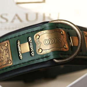 Custom engraved Viking leather dog collar with name, ODIN, M & L size, Designer dog gift, Nordic symbols, Goldendoodle, Pit bull, Malinois