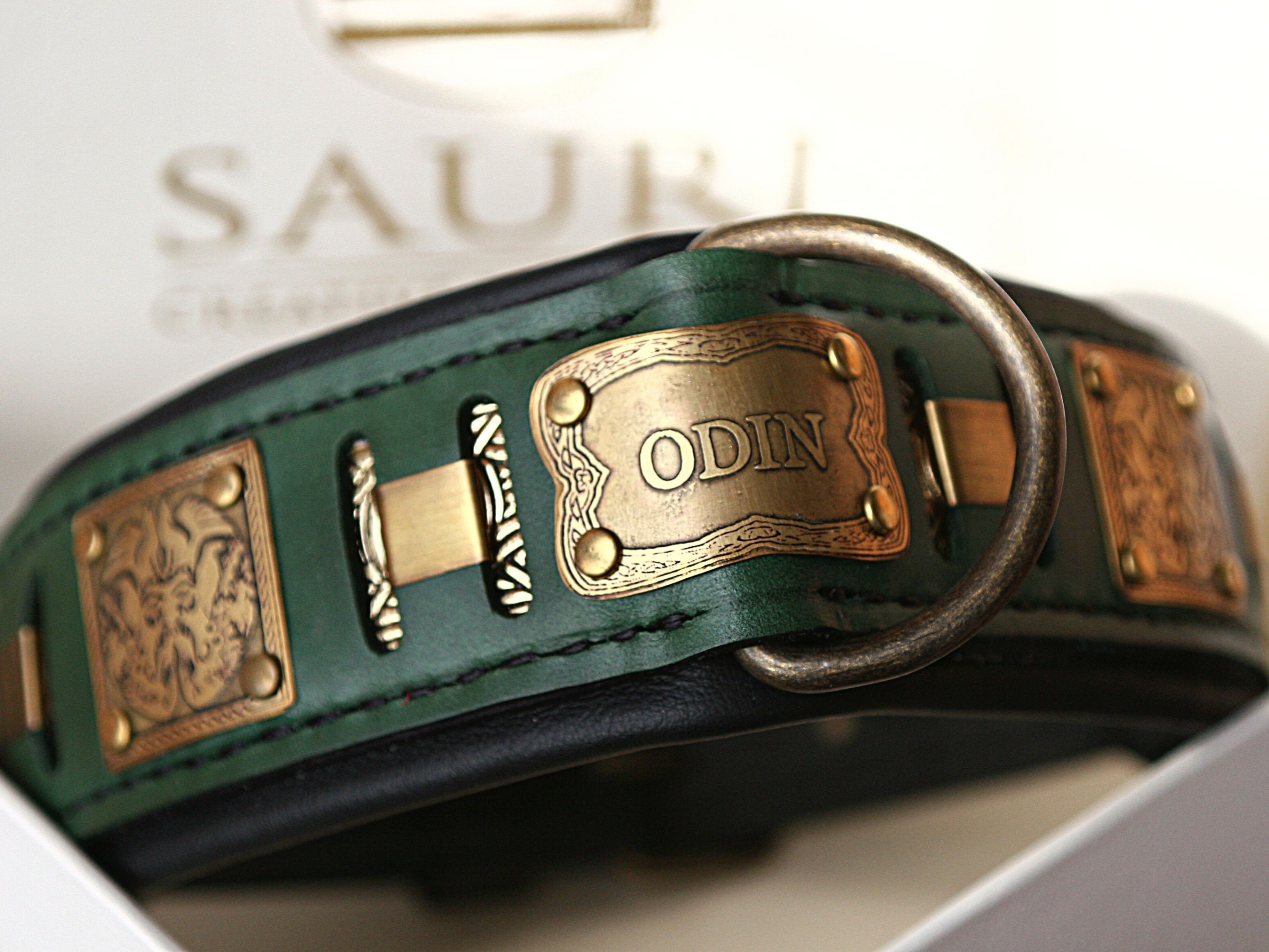 Custom engraved Viking leather dog collar with name, ODIN, M & L size, Designer dog gift, Nordic symbols, Goldendoodle, Pit bull, Malinois