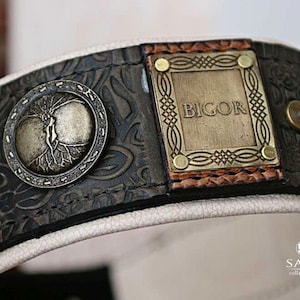 Luxury antique leather dog collar, Engraved brass nameplates, Celtic dog collar, World tree, St. Bernard, Swiss Mountain dog, Cane Corso