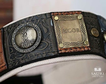 Luxury antique leather dog collar, Engraved brass nameplates, Celtic dog collar, World tree, St. Bernard, Swiss Mountain dog, Cane Corso
