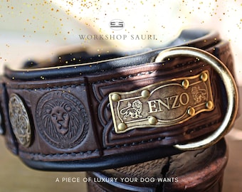 Personalized brown leather dog collar with lions or wolves, MATTIS, Custom engraved, Superb Gift, Large dogs, Ridgeback, Boerboel, Wolfhound