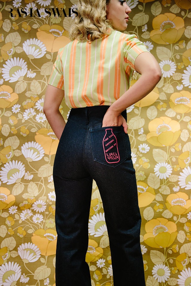 Image of Milk Bottle Embroidered Back Pocket Flared Jeans