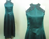 Vintage Emerald Green Jessica McClintock Gunne Sax Long Prom Formal Wedding Bride Maid Satin Dress Designer size 11 12 Sleeveless Beaded