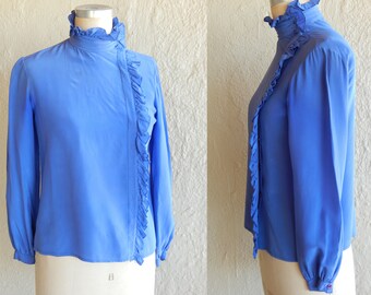 Blue Silk Blouse Shirt Top High Ruffle Neck Collar Designer Barbara 5/6 Unique OOAK Dress Blouse Vintage Long Sleeve Feminine Top Blouse