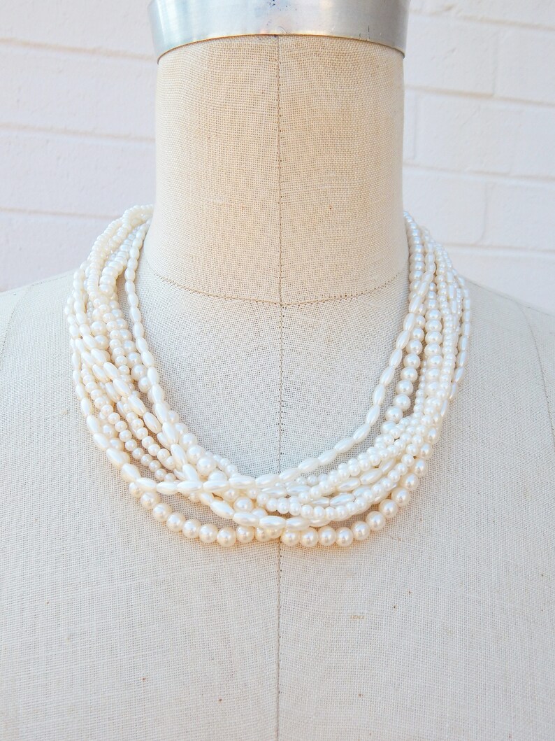 Faux Pearl Necklace Bracelet Set Wedding Mid Century Set Multi Stranded Pearl Set Gold Plated Unique OOAK Great Gift Idea Choker Set