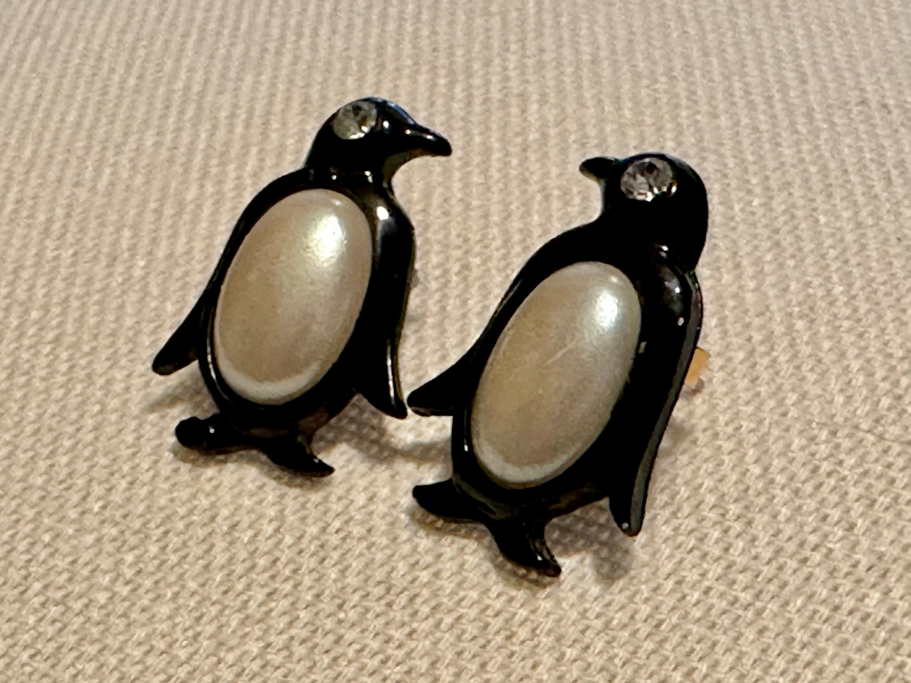 Penguin Earrings Signed Avon Black Enamel Faux Pearl