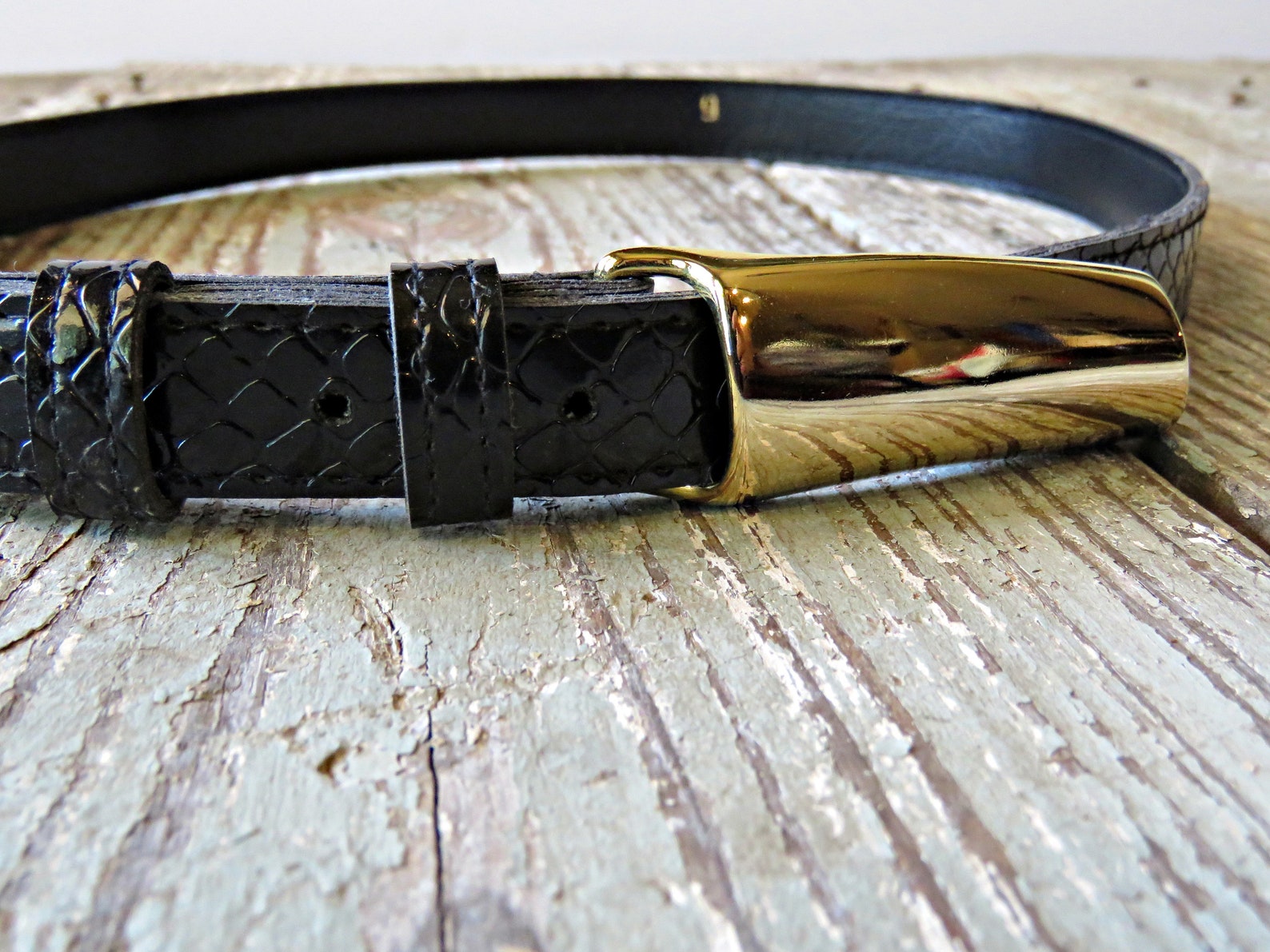 Shiny Black Patent Leather Belt Faux Snake Skin Belt Hollywood Etsy