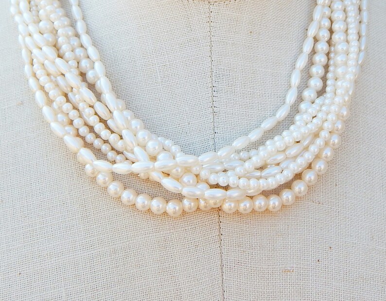 Faux Pearl Necklace Bracelet Set Wedding Mid Century Set Multi Stranded Pearl Set Gold Plated Unique OOAK Great Gift Idea Choker Set