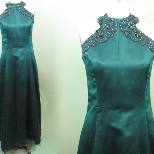 Vintage Emerald Green Jessica McClintock Gunne Sax Long Prom Formal Wedding Bride Maid Satin Dress Designer size 11/12 Sleeveless Beaded
