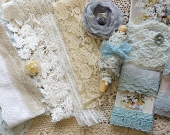 Blue, Ecru and White lace bundle, Lace doily and flower lot, Lace bundle, Mixed lace, doily and flower bundle, Handmade flower, doily, Lace