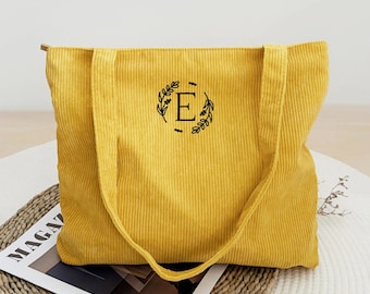 Custom Embroidered Corduroy Tote Bag with Zipper Personalized Bridesmaid Gift Bachelorette Gift Monogrammed Bridal Party Bag HC251104