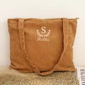 Personalized Floral Corduroy Tote Bag Embroidered Custom Bridesmaid Gift Bag with Zipper Christmas & Birthday Gift Everyday Use HC251106