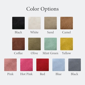 May include: Image displaying a color chart with the text "Color Options." The chart presents fabric swatches in various colors, including black, white, sand, camel, coffee, olive, mint green, yellow, pink, hot pink, red, blue, and black.