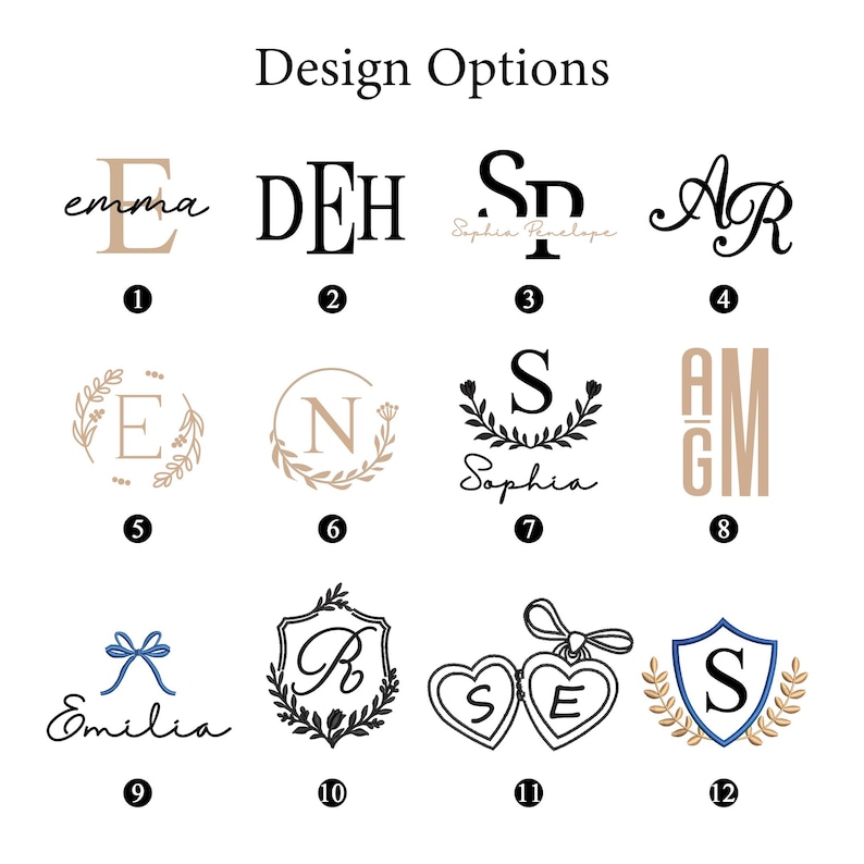 May include: Image showcasing twelve design options for personalized items. The designs include various fonts, monograms, and decorative elements such as floral wreaths, bows, and hearts. The text "Design Options" is at the top.