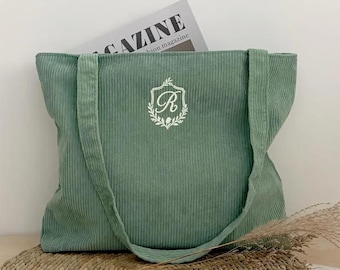 Personalized Bridesmaid Gift with Zipper - Personalised Corduroy Tote Bag Embroidered - Traveling Monogram Bag Birthday Gift HC260101