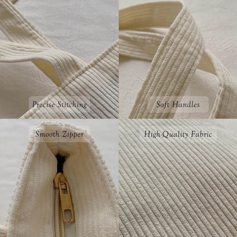 May include: Cream-colored corduroy tote bag with soft handles and a smooth zipper. The bag features precise stitching and high-quality fabric. The image highlights the bag's key features.