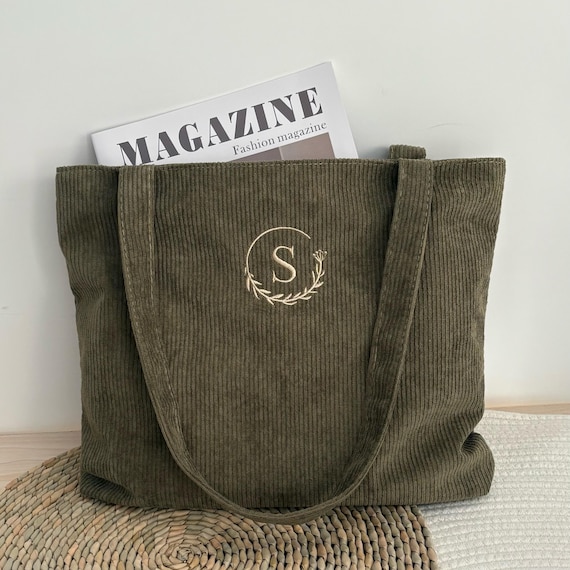 Personalised Corduroy Tote Bag Embroidered - Personalized Bridesmaid Gift with Zipper - Christmas Gifts Traveling Monogram Bag HC251103