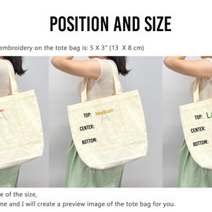 Op de afbeelding: Drie tote bags met verschillende borduurwerkmaten. De tassen zijn wit met zwarte tekst die "TOP", "CENTER" en "BOTTOM" zegt. Het borduurwerk is een letter "A" met de woorden "Small", "Medium" en "Large" erboven. De tassen zijn 5 inch bij 3 inch (13 cm bij 8 cm).