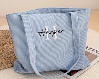 Custom Embroidered Corduroy Tote Bag - Personalized Bridesmaid Gift with Zipper - Monogrammed Bridal Party Bag - Bachelorette Gift HC251102