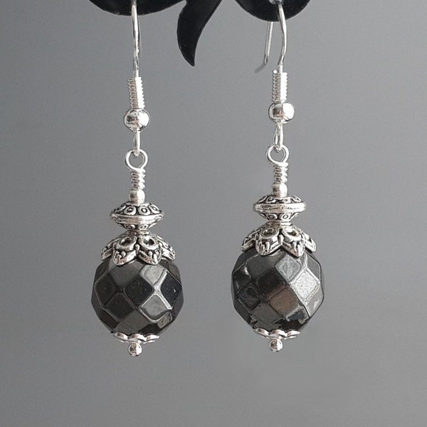 Faceted Hematite Earrings Round stone dangles Women Jewelry 925 sterling silver hooks Tibetan