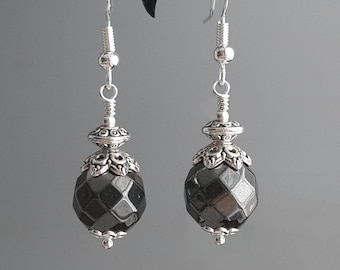 Faceted Hematite Earrings Round stone dangles Women Jewelry 925 sterling silver hooks Tibetan