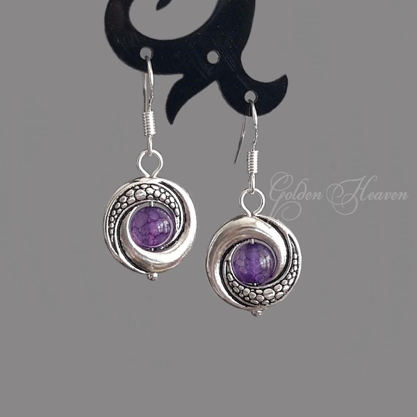 Purple Earrings Round Silver Purple Agate Earrings Tibetan Silver Dragon Veins Agate Gemstone Earrings 925 sterling silver hooks cute gift
