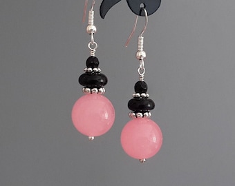 Pink and black earrings Jade earrings Onyx Agate earrings tibetan silver 925 sterling silver hooks pink round earrings cute gemstone jewelry