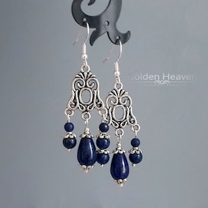 Örhängen i lapis lazuli med ljuskrona, krokar i sterlingsilver, vintagestil