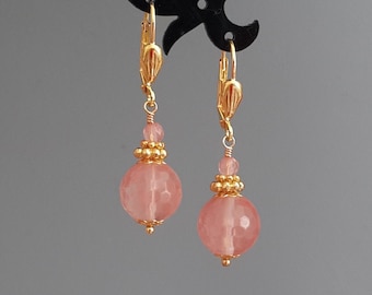 Pink Faceted Quartz Gemstone Earrings Women Jewelry Round Dangles Gold Plated Leverbacks