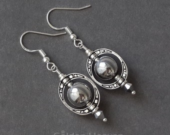 Handmade Hematite Sphere Earrings: 925 Sterling Silver Hooks