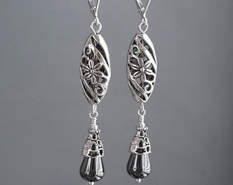 Long Oval Silver Filigree Teardrop Earrings Dangle Hematite Antique Silver Earrings Tibetan Silver and 925 sterling silver leverbacks