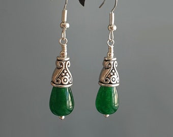 Green Jade Teardrop Earrings Natural Jade Earrings Tibetan Silver & 925 Sterling Silver Green Stone earrings Gemstone Cute gift Jewelry