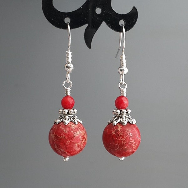 Red Jasper & Red Coral Earrings Round red earrings Red Jasper Earrings red gemstone earrings 925 Sterling Silver hooks Women Jewelry