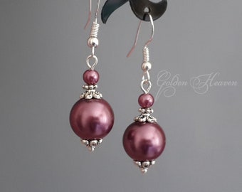 Mauve Pink Purple Earrings round dangles Elegant Jewelry for Women Handmade Gift 925 sterling silver hooks