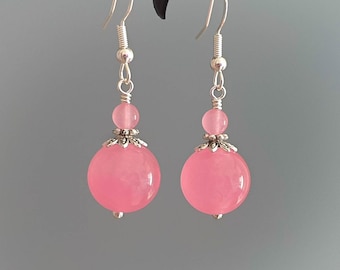 Pink Jade Earrings Round pink earrings double earrings cute pink earrings 925 sterling and tibetan silver ping dangles gift gemstone jewelry