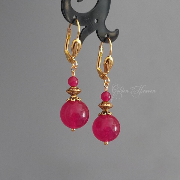 Dark pink Earrings Burgundy earrings Magenta Pink Jade earrings Gold plated leverback round gemstone jewelry for women