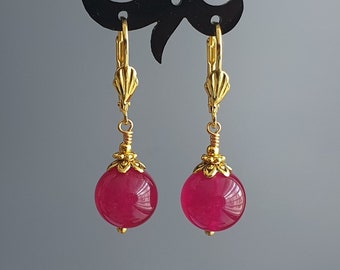 Burgundy Pink Jade Earrings Jade Gold earrings round jade earrings Gold Plated Leverbacks Cute gift-for-her Jewelry for women