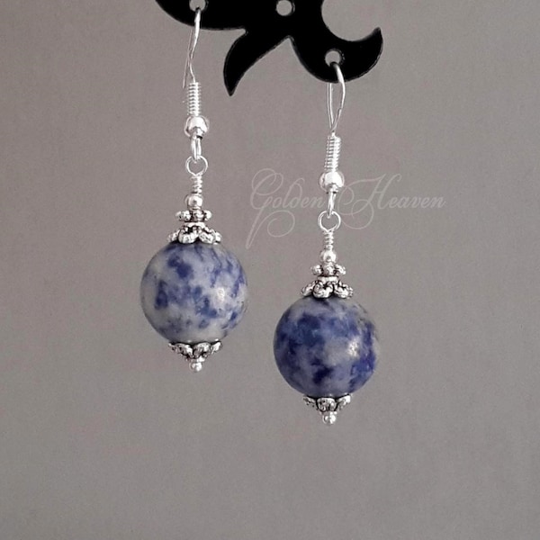 Blue white earrings Blue Jasper Earrings Blue Gemstone earrings Women jewelry jasper 925 sterling silver hooks